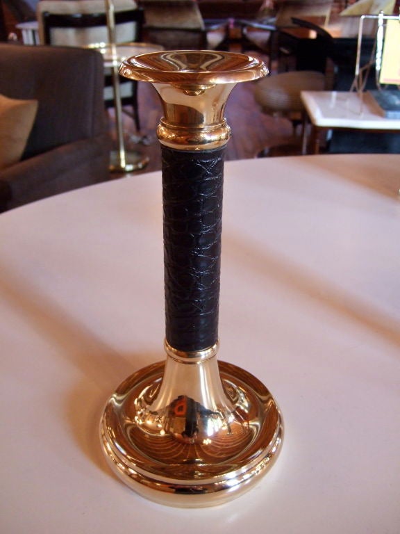 American Pair of Brass And Leather Candlesticks For Sale