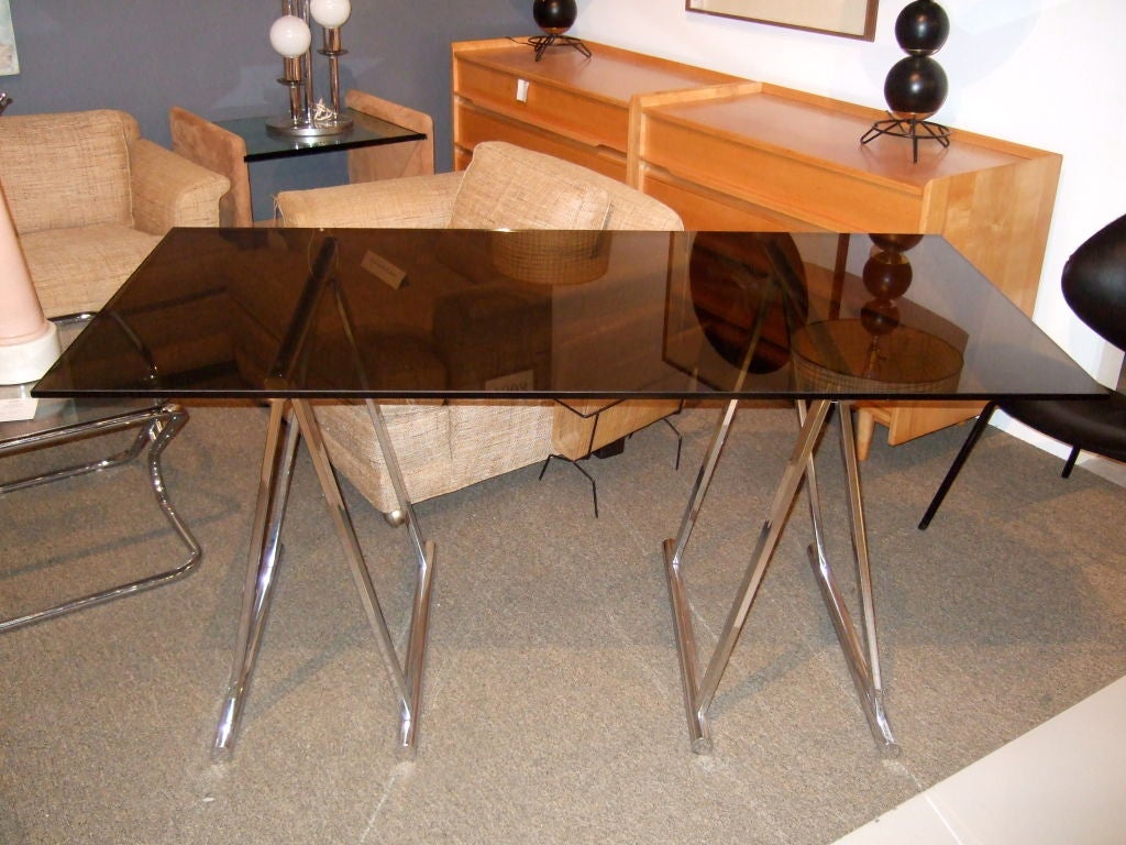 Chrome And Glass Sawhorse Desk At 1stdibs American Chrome And Glass Sawhorse Desk For
