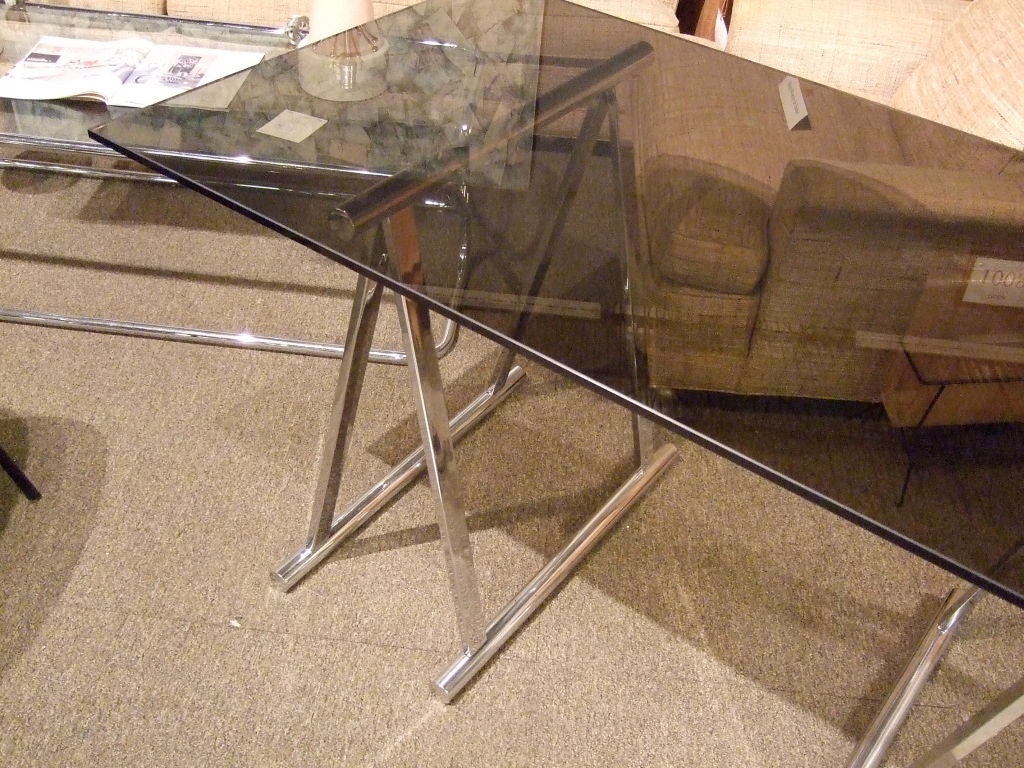 Chrome And Glass Sawhorse Desk At 1stdibs Steel Chrome And Glass Sawhorse Desk For