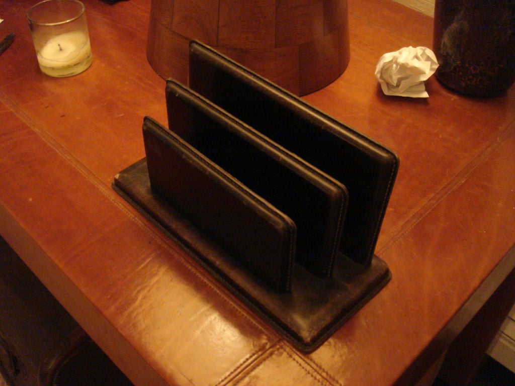French Leather Letter Holder in the manner of Jacques Adnet For Sale
