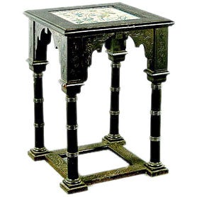 Aesthetic Period Carved Wood Table with a Minton Tile Insert