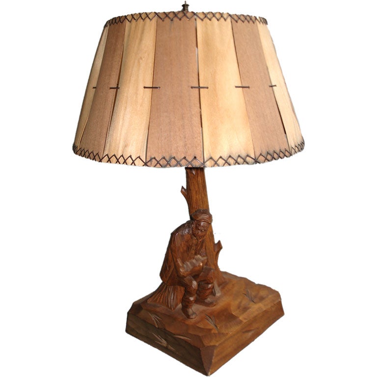 A Sculpted Wood Lamp And Matching Shade, Caron Floor Lamp