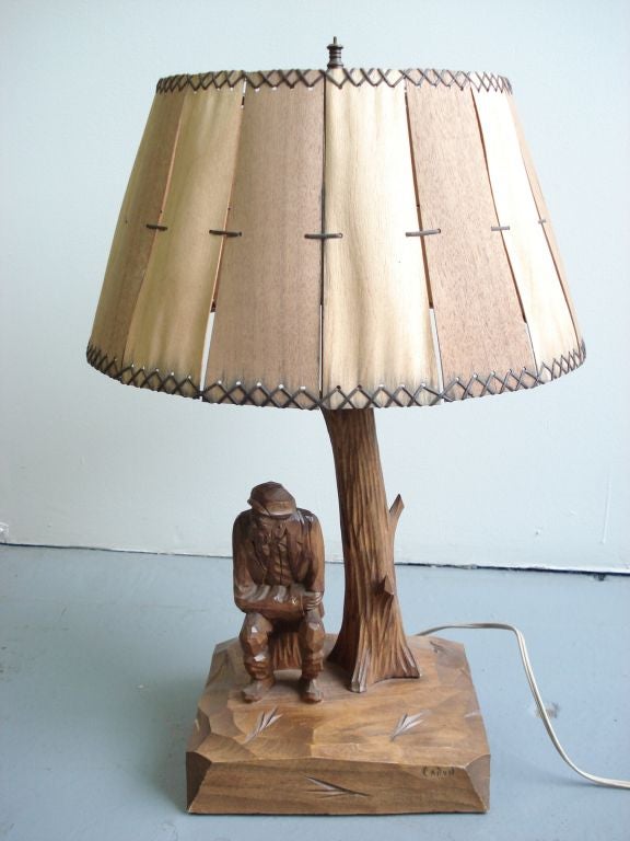 A sculpted Wood lamp and matching shade by artist Paul Caron 2