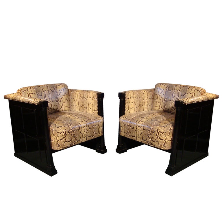 Pair of Python-upholstered Seccessionist Club Chairs