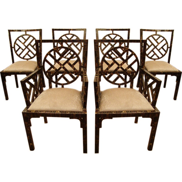 Dining chairs in horn patchwork veneer, 1970s, offered by Drake 