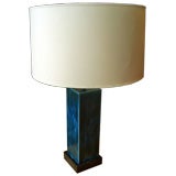 A Turquiose Blue Ceramic Table Lamp with a Cerused Oak Base