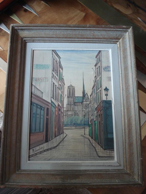 An oil on linen of a French street scene focused on the Church of Saint-Séverin in Paris, signed Lambert on the face R or AP Lambert and again on the reverse stretcher with a title- Quartier St.Séverin , also with a paper label to the reverse