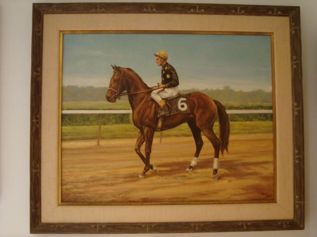 A portrait of Manassa Mauler at Aqueduct Horse Racing Track in South Ozone Park, Queens New York City signed FISK, and dated 1965, and inscribed on the back.

Manassa Mauler won the Woods Memorial Race at the Aqueduct Track in 1959, and was ridden