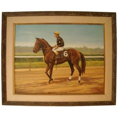 Vintage Oil on Canvas of a Jockey on Horse by FISK
