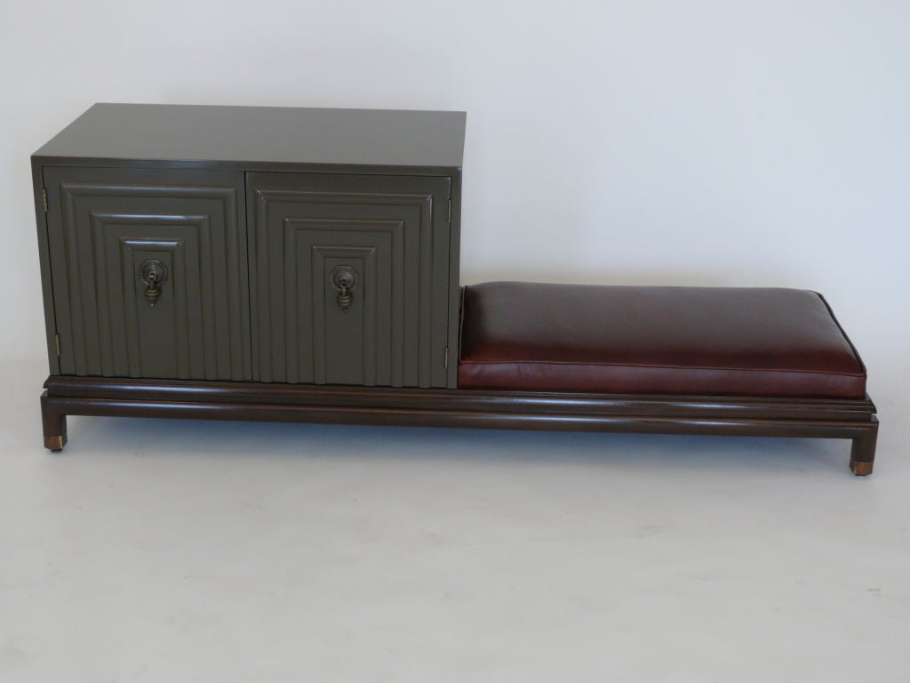 Johnson Furniture Lacquered Cabinet with Leahter Bench Seat. Multi purpose and Multi functional. Would work well with flat screen tv or can float in center of a room.