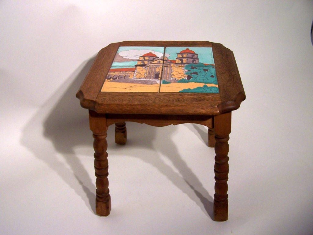 California scenic tile table by Taylor, Monterey style.  Four tiles make up a mission scene.  Please see our other California tile top tables.  ***Contact/Shipping Information: AOL (American Online) users may experience difficulties sending emails