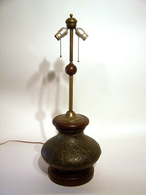 Fine & rare art nouveau lamp with spider web design, bronze base.  ***Contact/Shipping Information: AOL (American Online) users may experience difficulties sending emails to us or receiving emails from us. If you have made an inquiry to us and have