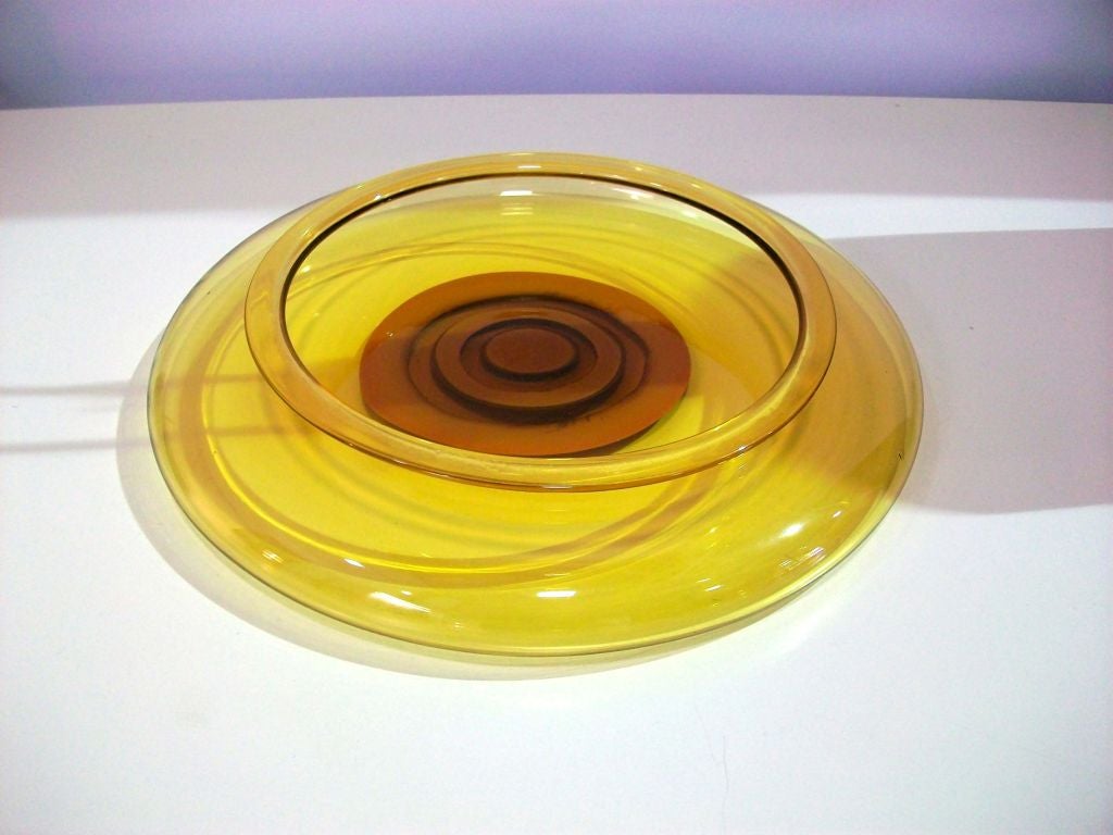 Bowl by Lino Tagliapietra (b. 1934), Murano, Italy.  Gold/amber with an orange murrine/cane center.  ***Contact/Shipping Information: AOL (American Online) users may experience difficulties sending emails to us or receiving emails from us. If you