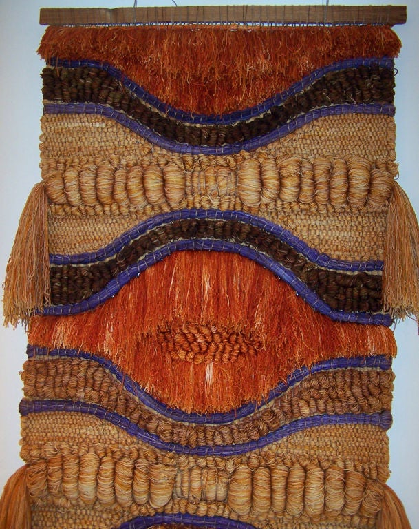Large wall hanging / textile by Ted Morris & Associates, USA. This textile was designed by Margo Farrin O'Connor and is handwoven with hand dyed nylon fiber all produced in O'Connor's studio in Pasadena, California.  ***Contact/Shipping Information: