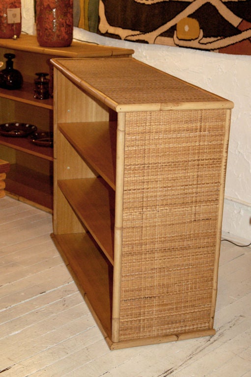 Pair of rattan bookcases with caning.  ***Contact/Shipping Information: AOL (American Online) users may experience difficulties sending emails to us or receiving emails from us. If you have made an inquiry to us and have not received a response,