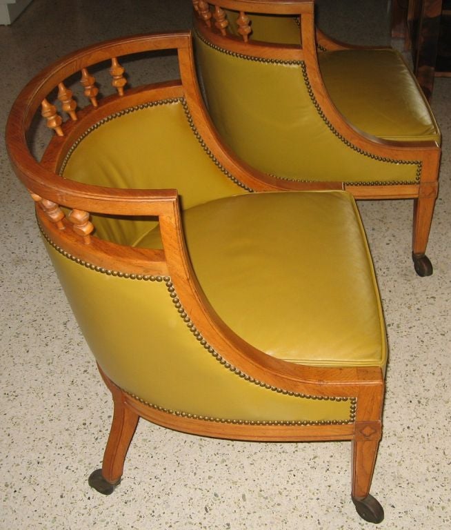 Pair Regency Style Leather  Barrel Chairs by Heritage