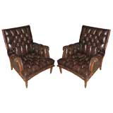 Pair of Faux Bamboo Leather Chesterfield Lounge Chairs
