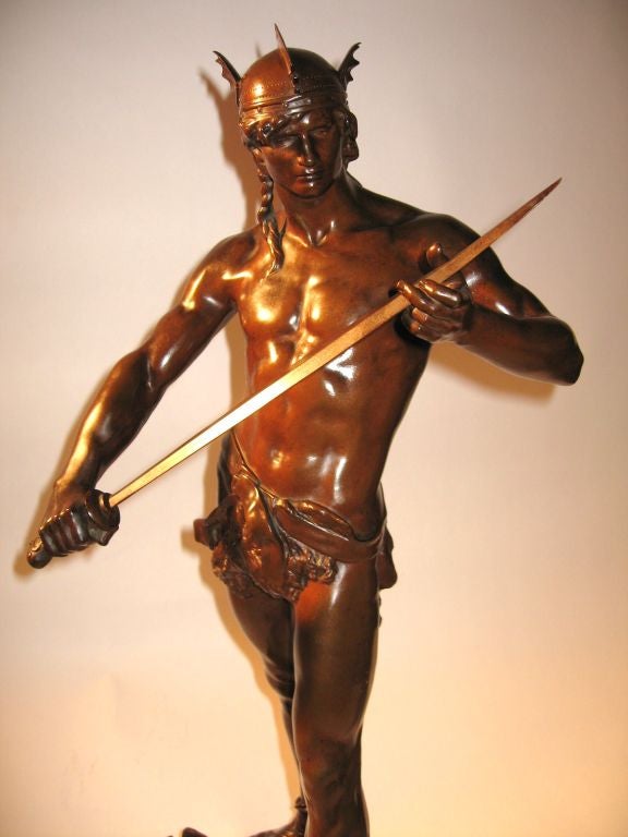 Extremely rare model of a Teutonic warrior by Andre-Paul Arthur Massoulle (1851-1901), dating to 1880. Rendered in the lost-wax method of bronze casting, this example is 22