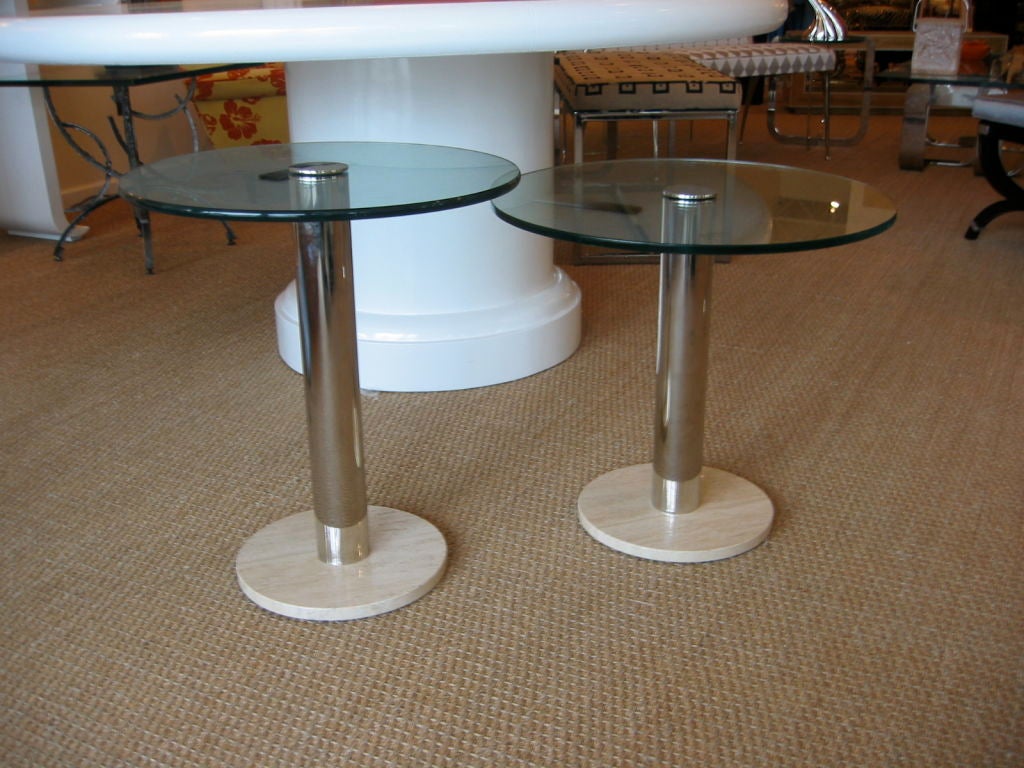 Pair of Milo Baughman Travertine, Nickel, & Glass Side Tables