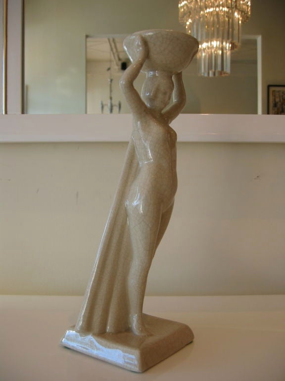 Art Deco Off-White Craquelle Ceramic Sculpture, French In Good Condition In North Miami, FL