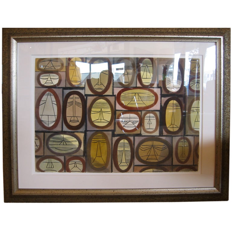 Mid-Century Modern Cubist Watercolor by William Henry Custom Framed For Sale 3