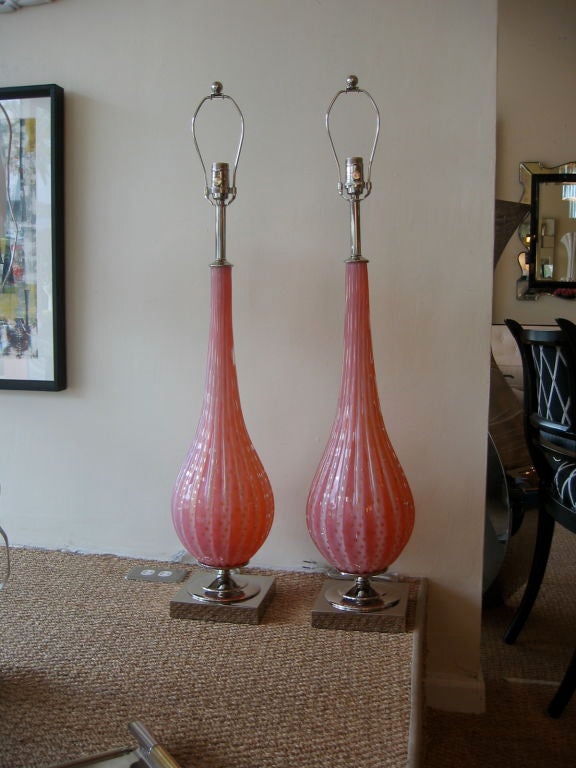 Pair of Rare Barbini Pale Pink/Peach & Opalescent Glass Lamps