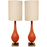 Pair of Rare Barbini Pale Pink/Peach & Opalescent Glass Lamps
