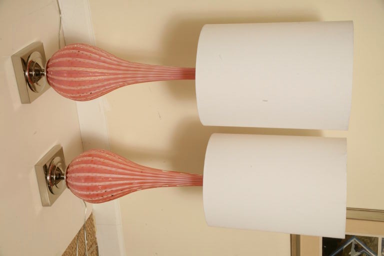 Pair of Rare Barbini Pale Pink/Peach & Opalescent Glass Lamps