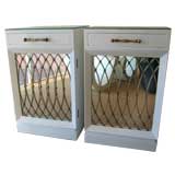 Pair of White Lacquered Night Stands with Mirrored Tops