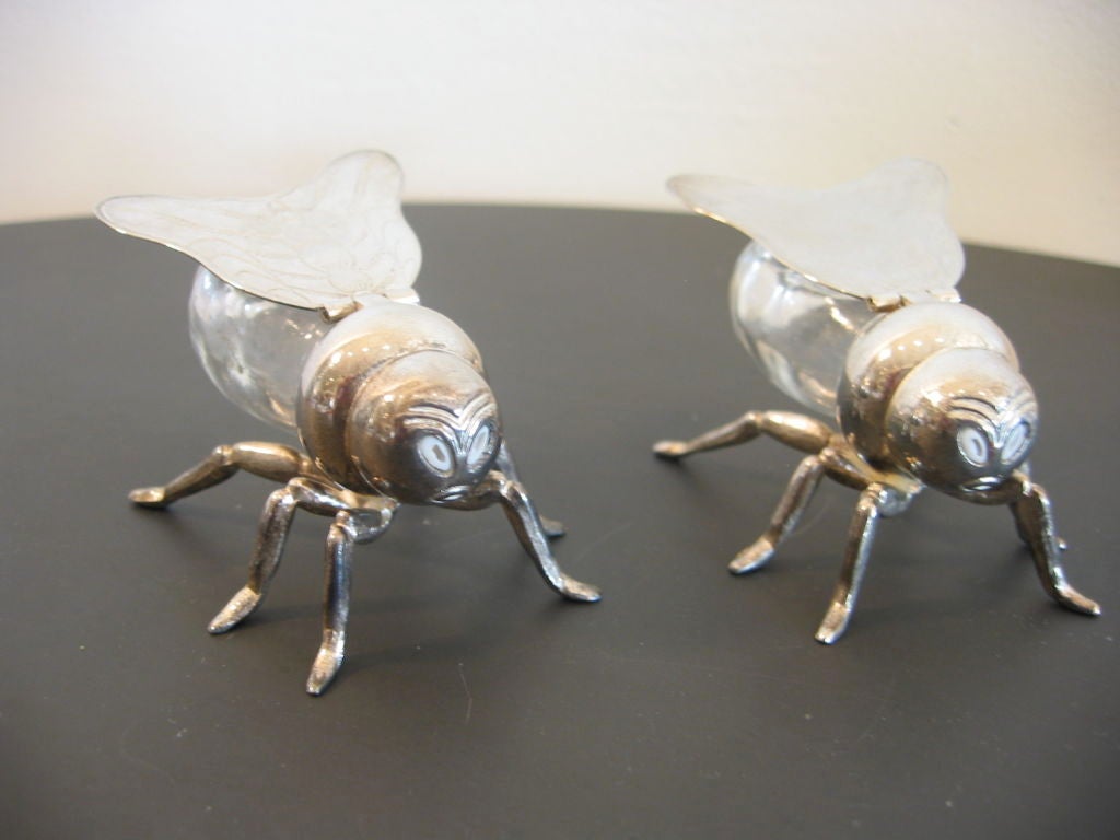 Glass and silver salt and pepper shakers designed as flies. The body is glass while the head and wings are silver with etched designs. Wings lift up as if in flight.