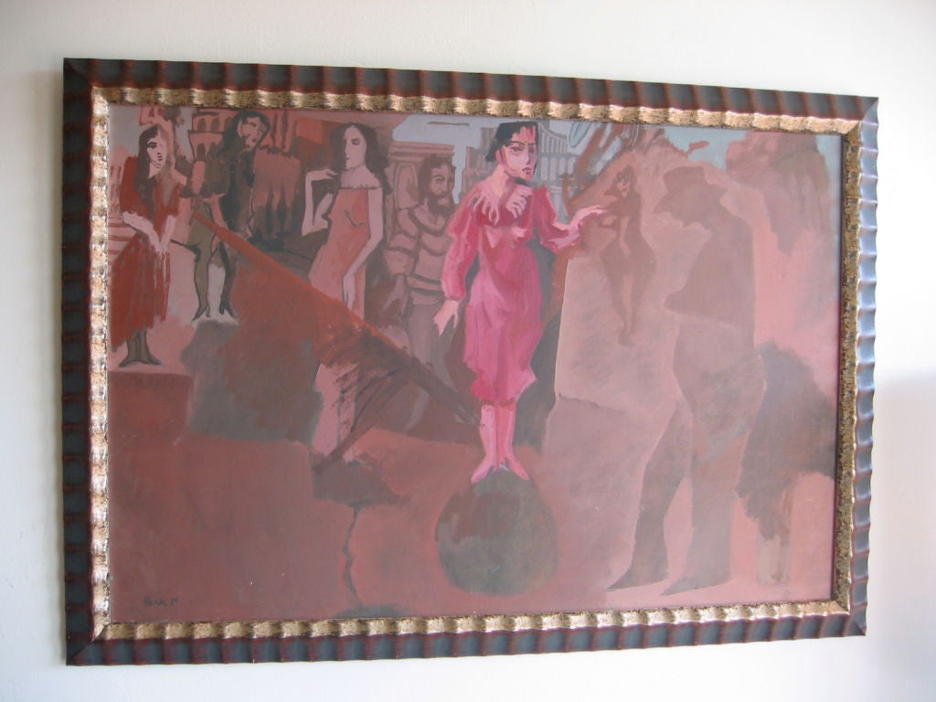 This theatrical fantastic acrylic horizontal painting by the noted Harvey Parks is in a beautiful new custom frame. It could be a scene at an opera, could be a role reversal or a very interesting scenario in wonderful shades of browns, gray, hint of