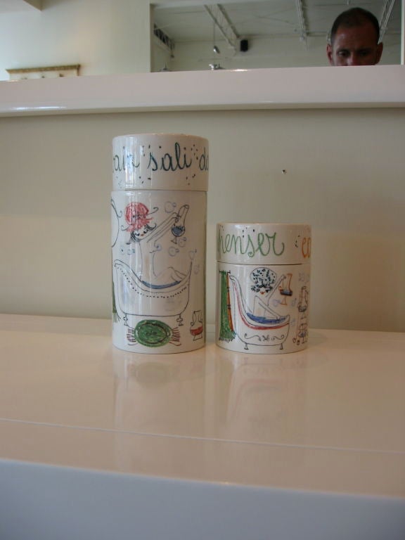 Great pair of canisters for the bath; signed 