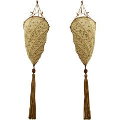 Retro Pair of Fortuny Silk Hanging Shades/Lanterns