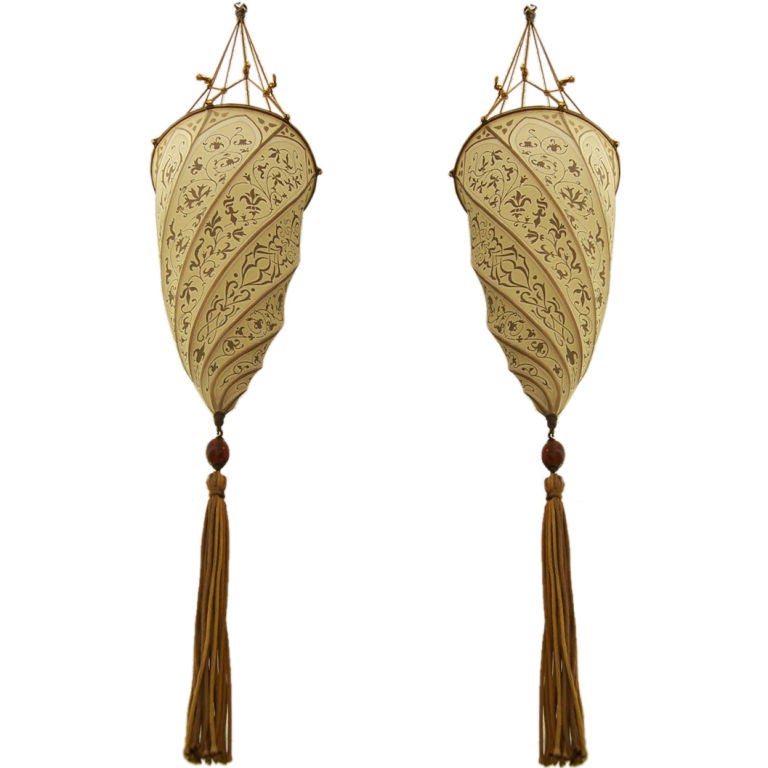 Pair of Fortuny Silk Hanging Shades/Lanterns
