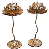 Pair of Etched Brass Lotus Flower Table Lamps