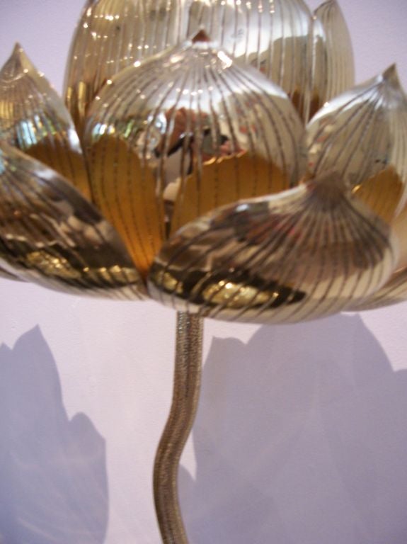 Pair of Etched Brass Lotus Flower Table Lamps