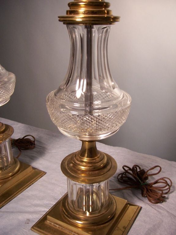 Pair of Tall Stiffel Cut Crystal Lamps w/ Pineapple Details