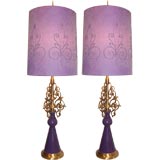 An Incredible Pair of Hollywood Regency Lilac and Bronze Lamps
