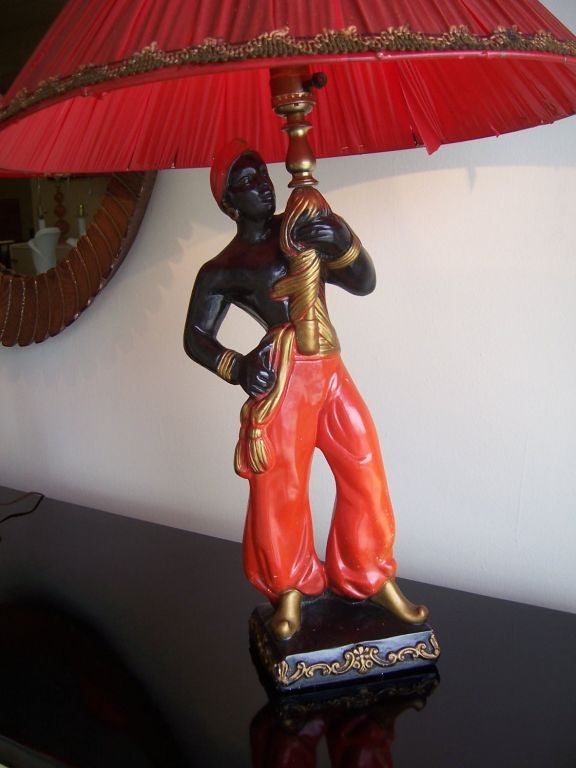 Each lamp has a different blackamoor posing, holding the shade as an umbrella.