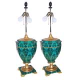 A Pair of Faux Malachite Urn Lamps