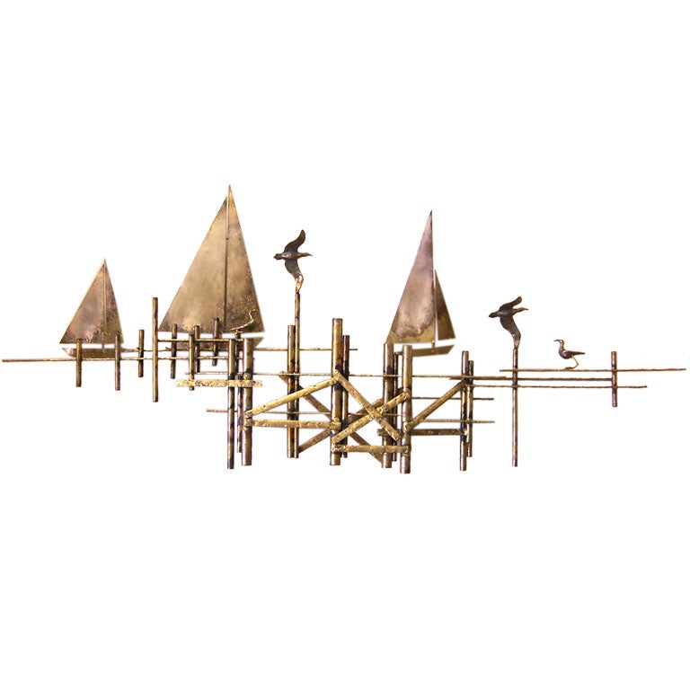 A Curtis Jere Brass Sailboat & Dock Wall Sculpture