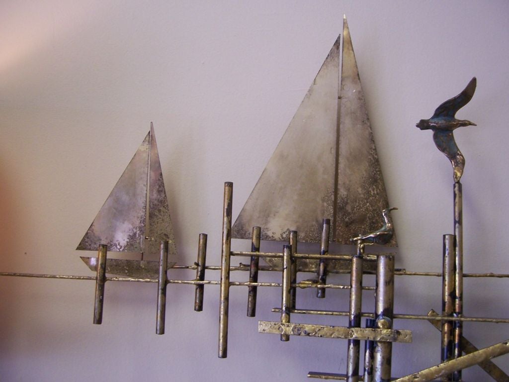 American A Curtis Jere Brass Sailboat & Dock Wall Sculpture
