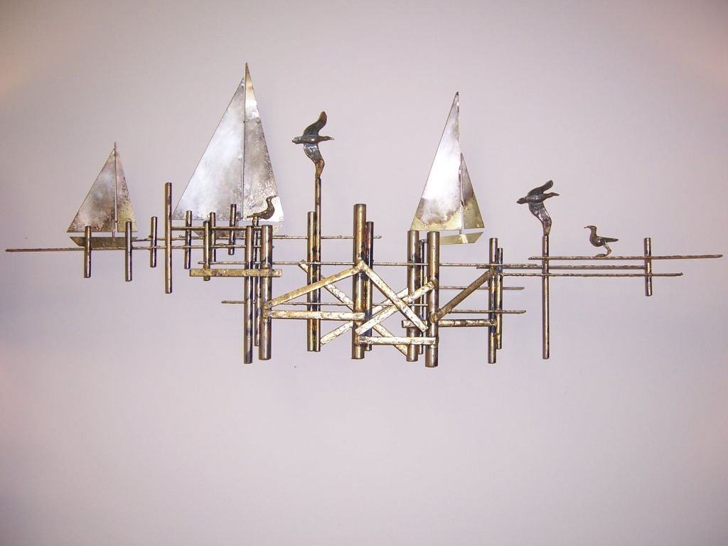 A Curtis Jere Brass Sailboat & Dock Wall Sculpture In Excellent Condition In North Miami, FL