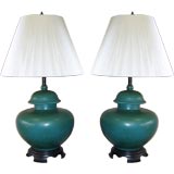 Vintage A Pair of Asian Style Ceramic Lamps in Deep Turquoise