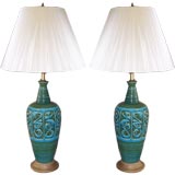 Vintage A Pair of Tiki Motif Glazed Ceramic Table Lamps