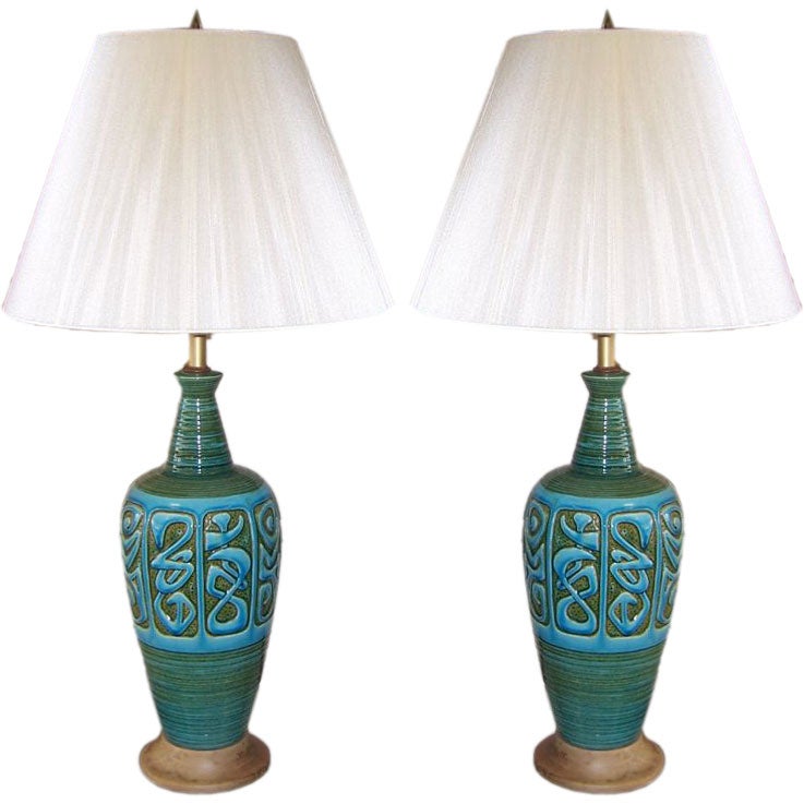 A Pair of Tiki Motif Glazed Ceramic Table Lamps