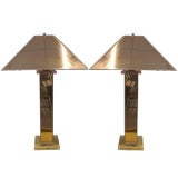 A Pair of Brass Column Table Lamps with Metal Shades