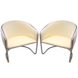 Pair of Chrome Circular Armchairs in White Vinyl