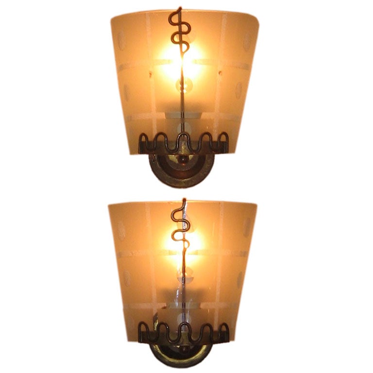 A Pair of Mid Century Brass and Etched Glass Wall Sconces For Sale at 1stdibs