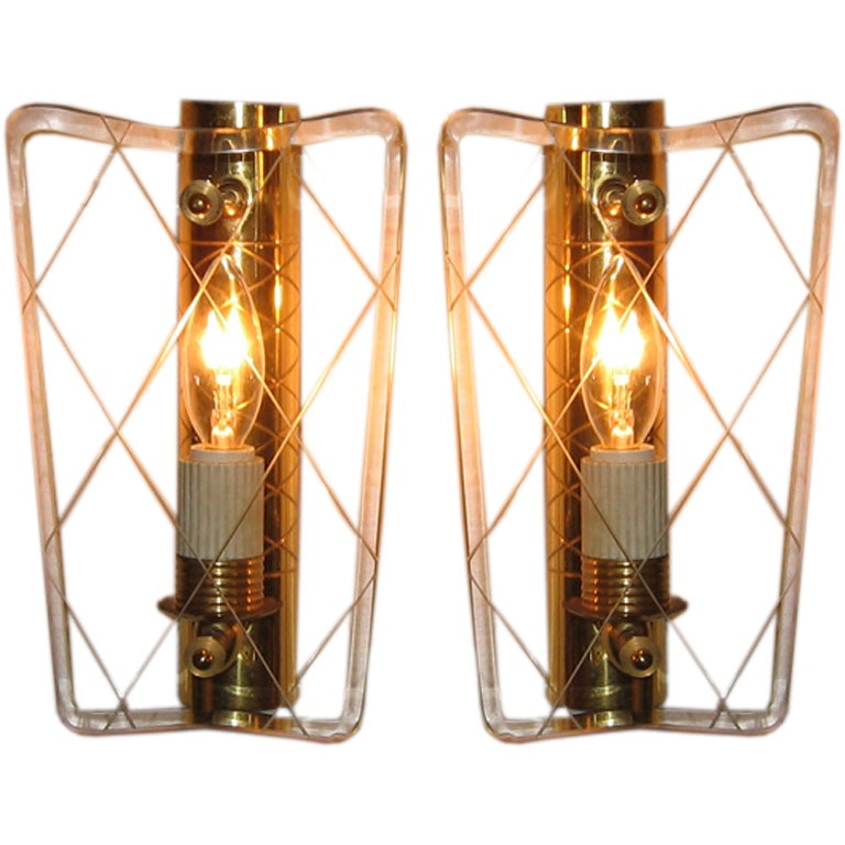 A Pair of Gilt Brass and Etched Glass Wall Sconces at 1stdibs